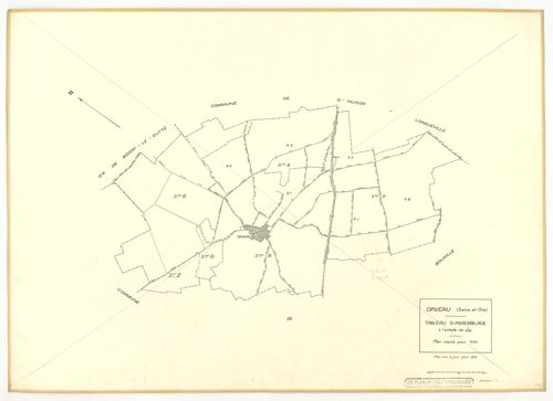 Plans minutes de conservation : ORVEAU : tableaux d'assemblage n°1 et 2, ech. 1/5000 (1934-1951), sections A1, A2, A3, B, C1, C2, C3, ech. 1/1250 (1934) ; tableau d'assemblage n°3, ech. 1/5000, section D, ech. 1/1250 (1951), section E, ech. 1/2000 (1951) 
