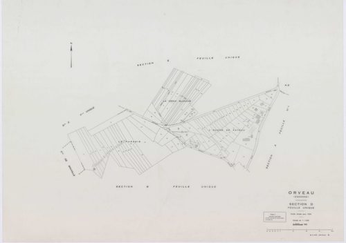 ORVEAU, plans minutes de conservation : tableau d'assemblage, 1934, Ech. 1/5000 ; plans des sections A1, A2, A3, B, C1, C2, C3, D, 1934, Ech. 1/1250, section E, 1951, Ech. 1/2000, sections Z, ZA, ZB, 1963, Ech. 1/2000. Polyester. N et B. Dim. 105 x 80 cm 