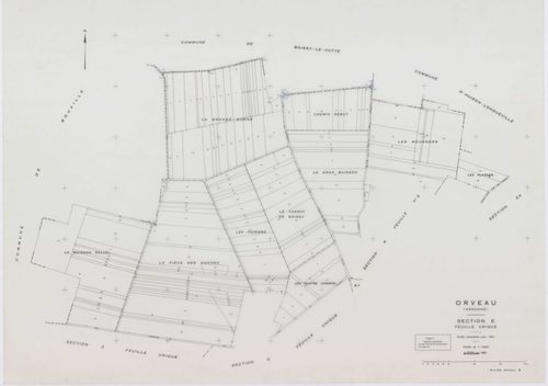 ORVEAU, plans minutes de conservation : tableau d'assemblage, 1934, Ech. 1/5000 ; plans des sections A1, A2, A3, B, C1, C2, C3, D, 1934, Ech. 1/1250, section E, 1951, Ech. 1/2000, sections Z, ZA, ZB, 1963, Ech. 1/2000. Polyester. N et B. Dim. 105 x 80 cm 