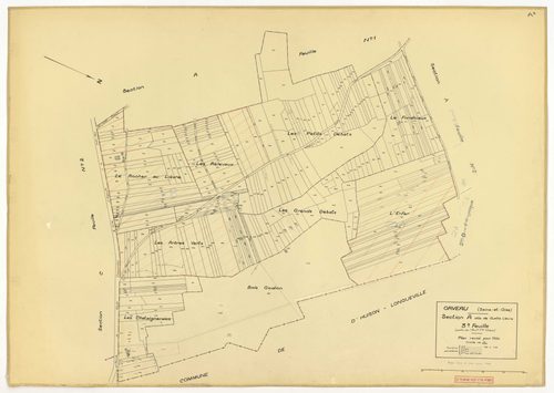 Plans minutes de conservation : ORVEAU : tableaux d'assemblage n°1 et 2, ech. 1/5000 (1934-1951), sections A1, A2, A3, B, C1, C2, C3, ech. 1/1250 (1934) ; tableau d'assemblage n°3, ech. 1/5000, section D, ech. 1/1250 (1951), section E, ech. 1/2000 (1951) 