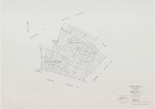 ORVEAU, plans minutes de conservation : tableau d'assemblage, 1934, Ech. 1/5000 ; plans des sections A1, A2, A3, B, C1, C2, C3, D, 1934, Ech. 1/1250, section E, 1951, Ech. 1/2000, sections Z, ZA, ZB, 1963, Ech. 1/2000. Polyester. N et B. Dim. 105 x 80 cm 