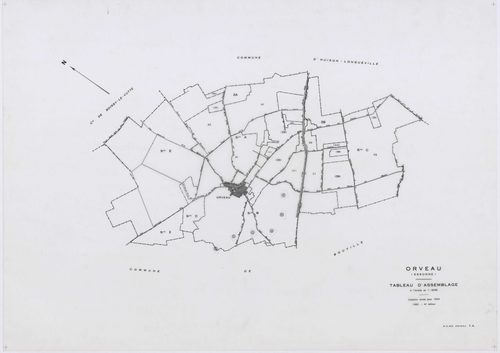 ORVEAU, plans minutes de conservation : tableau d'assemblage, 1934, Ech. 1/5000 ; plans des sections A1, A2, A3, B, C1, C2, C3, D, 1934, Ech. 1/1250, section E, 1951, Ech. 1/2000, sections Z, ZA, ZB, 1963, Ech. 1/2000. Polyester. N et B. Dim. 105 x 80 cm 