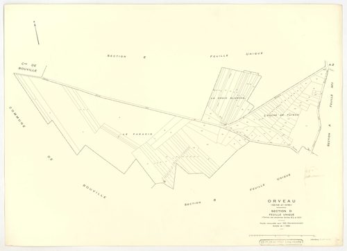 Plans minutes de conservation : ORVEAU : tableaux d'assemblage n°1 et 2, ech. 1/5000 (1934-1951), sections A1, A2, A3, B, C1, C2, C3, ech. 1/1250 (1934) ; tableau d'assemblage n°3, ech. 1/5000, section D, ech. 1/1250 (1951), section E, ech. 1/2000 (1951) 