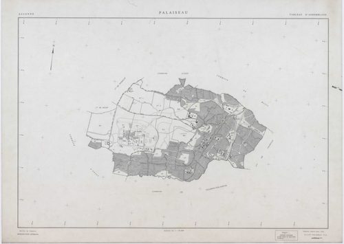 PALAISEAU, plans minutes de conservation : tableau d'assemblage,1965, Ech. 1/1000 ; plans des sections Y1, Y2, Z, 1961, Ech. 1/2000, sections AB, AC, AD, , AD, AE, AH, AI, AK, AL, AM, AN, AO, AP, AR, AS, AT, AV, AW, AX, AY, AZ, BC, BD, BE, BH, BI, BK, 196