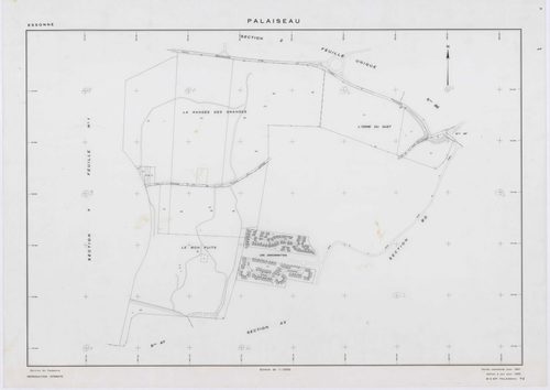 PALAISEAU, plans minutes de conservation : tableau d'assemblage,1965, Ech. 1/1000 ; plans des sections Y1, Y2, Z, 1961, Ech. 1/2000, sections AB, AC, AD, , AD, AE, AH, AI, AK, AL, AM, AN, AO, AP, AR, AS, AT, AV, AW, AX, AY, AZ, BC, BD, BE, BH, BI, BK, 196