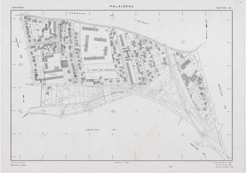 PALAISEAU, plans minutes de conservation : tableau d'assemblage,1965, Ech. 1/1000 ; plans des sections Y1, Y2, Z, 1961, Ech. 1/2000, sections AB, AC, AD, , AD, AE, AH, AI, AK, AL, AM, AN, AO, AP, AR, AS, AT, AV, AW, AX, AY, AZ, BC, BD, BE, BH, BI, BK, 196