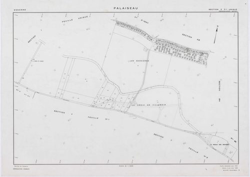 PALAISEAU, plans minutes de conservation : tableau d'assemblage,1965, Ech. 1/1000 ; plans des sections Y1, Y2, Z, 1961, Ech. 1/2000, sections AB, AC, AD, , AD, AE, AH, AI, AK, AL, AM, AN, AO, AP, AR, AS, AT, AV, AW, AX, AY, AZ, BC, BD, BE, BH, BI, BK, 196
