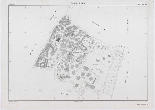 PALAISEAU, plans minutes de conservation : tableau d'assemblage,1965, Ech. 1/1000 ; plans des sections Y1, Y2, Z, 1961, Ech. 1/2000, sections AB, AC, AD, , AD, AE, AH, AI, AK, AL, AM, AN, AO, AP, AR, AS, AT, AV, AW, AX, AY, AZ, BC, BD, BE, BH, BI, BK, 196