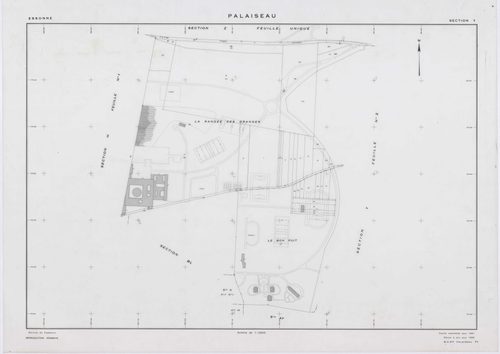 PALAISEAU, plans minutes de conservation : tableau d'assemblage,1965, Ech. 1/1000 ; plans des sections Y1, Y2, Z, 1961, Ech. 1/2000, sections AB, AC, AD, , AD, AE, AH, AI, AK, AL, AM, AN, AO, AP, AR, AS, AT, AV, AW, AX, AY, AZ, BC, BD, BE, BH, BI, BK, 196