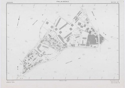 PALAISEAU, plans minutes de conservation : tableau d'assemblage,1965, Ech. 1/1000 ; plans des sections Y1, Y2, Z, 1961, Ech. 1/2000, sections AB, AC, AD, , AD, AE, AH, AI, AK, AL, AM, AN, AO, AP, AR, AS, AT, AV, AW, AX, AY, AZ, BC, BD, BE, BH, BI, BK, 196