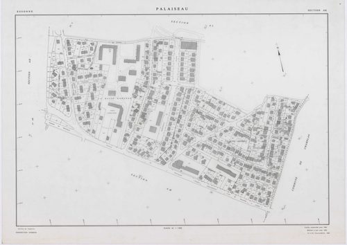 PALAISEAU, plans minutes de conservation : tableau d'assemblage,1965, Ech. 1/1000 ; plans des sections Y1, Y2, Z, 1961, Ech. 1/2000, sections AB, AC, AD, , AD, AE, AH, AI, AK, AL, AM, AN, AO, AP, AR, AS, AT, AV, AW, AX, AY, AZ, BC, BD, BE, BH, BI, BK, 196