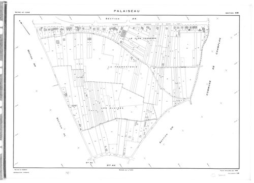 PALAISEAU. - Cadastre révisé (sans date) : plan du tableau d'assemblage ; cadastre de 1809 mis à jour pour 1965 : plans de la section H 1ère feuille, idem 2ème feuille, section I ; cadastre renouvelé pour 1961 : plans de la section Y, section Z ; cadastre