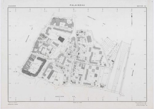 PALAISEAU, plans minutes de conservation : tableau d'assemblage,1965, Ech. 1/1000 ; plans des sections Y1, Y2, Z, 1961, Ech. 1/2000, sections AB, AC, AD, , AD, AE, AH, AI, AK, AL, AM, AN, AO, AP, AR, AS, AT, AV, AW, AX, AY, AZ, BC, BD, BE, BH, BI, BK, 196