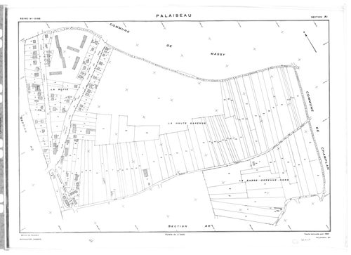PALAISEAU. - Cadastre révisé (sans date) : plan du tableau d'assemblage ; cadastre de 1809 mis à jour pour 1965 : plans de la section H 1ère feuille, idem 2ème feuille, section I ; cadastre renouvelé pour 1961 : plans de la section Y, section Z ; cadastre