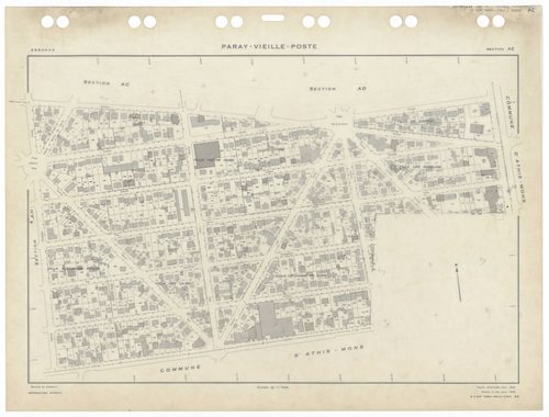 PARAY-VIEILLE-POSTE, plans minutes de conservation : tableau d'assemblage,1969, Ech. 1/5000 ; plans des sections AB, 1969, Ech. 1/5000, sections AC, AD, AE, AH, 1969, Ech. 1/1000. Polyester. N et B. Dim. 105 x 80 cm [6 plans]. 