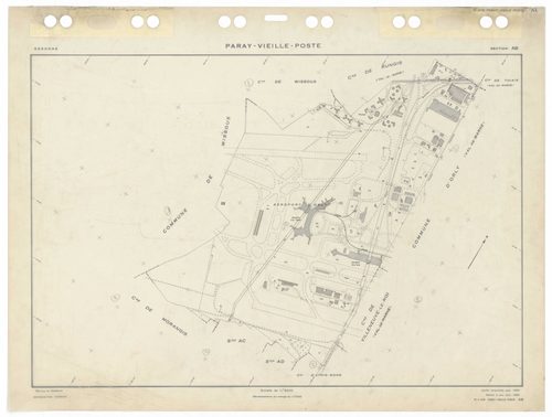 PARAY-VIEILLE-POSTE, plans minutes de conservation : tableau d'assemblage,1969, Ech. 1/5000 ; plans des sections AB, 1969, Ech. 1/5000, sections AC, AD, AE, AH, 1969, Ech. 1/1000. Polyester. N et B. Dim. 105 x 80 cm [6 plans]. 