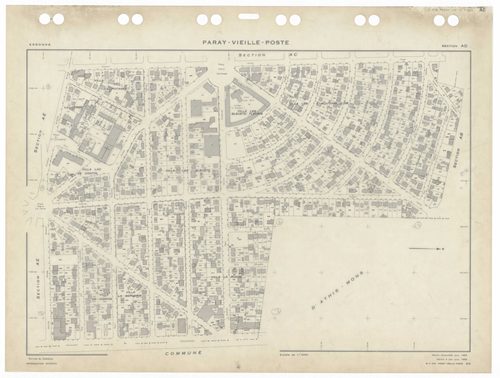 PARAY-VIEILLE-POSTE, plans minutes de conservation : tableau d'assemblage,1969, Ech. 1/5000 ; plans des sections AB, 1969, Ech. 1/5000, sections AC, AD, AE, AH, 1969, Ech. 1/1000. Polyester. N et B. Dim. 105 x 80 cm [6 plans]. 