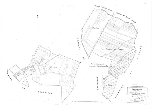 PECQUEUSE. - Cadastre révisé pour 1937 : plan du tableau d'assemblage, plans de la section A le Grignon , section B le Village, section C Villevert, section D Fromenteau, section E le Grange Saint-Clair ; cadastre renouvelé pour 1959 : plan de la section 