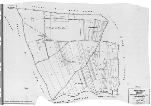 PECQUEUSE. - Cadastre révisé pour 1937 : plan du tableau d'assemblage, plans de la section A le Grignon , section B le Village, section C Villevert, section D Fromenteau, section E le Grange Saint-Clair ; cadastre renouvelé pour 1959 : plan de la section 