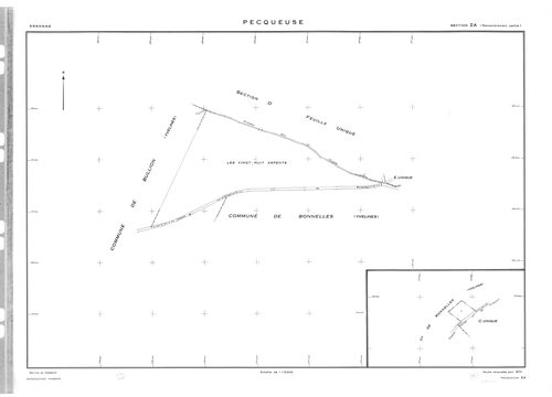 PECQUEUSE. - Cadastre révisé pour 1937 : plan du tableau d'assemblage, plans de la section A le Grignon , section B le Village, section C Villevert, section D Fromenteau, section E le Grange Saint-Clair ; cadastre renouvelé pour 1959 : plan de la section 