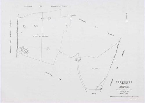 PECQUEUSE, plans minutes de conservation : tableau d'assemblage,1937, Ech. 1/10000 ; plans des sections A, B, D, 1937, Ech. 1/2500, section C, 1937, Ech. 1/1250, section Z, 1959, Ech. 1/2000, sections ZA, ZB, ZC, ZD, ZE, 1975, Ech. 1/2000. Polyester. N et