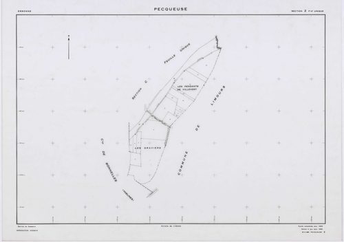 PECQUEUSE, plans minutes de conservation : tableau d'assemblage,1937, Ech. 1/10000 ; plans des sections A, B, D, 1937, Ech. 1/2500, section C, 1937, Ech. 1/1250, section Z, 1959, Ech. 1/2000, sections ZA, ZB, ZC, ZD, ZE, 1975, Ech. 1/2000. Polyester. N et