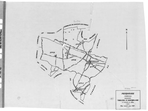 PECQUEUSE. - Cadastre révisé pour 1937 : plan du tableau d'assemblage, plans de la section A le Grignon , section B le Village, section C Villevert, section D Fromenteau, section E le Grange Saint-Clair ; cadastre renouvelé pour 1959 : plan de la section 