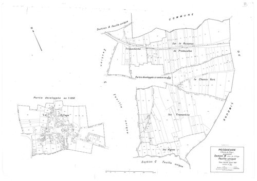 PECQUEUSE. - Cadastre révisé pour 1937 : plan du tableau d'assemblage, plans de la section A le Grignon , section B le Village, section C Villevert, section D Fromenteau, section E le Grange Saint-Clair ; cadastre renouvelé pour 1959 : plan de la section 