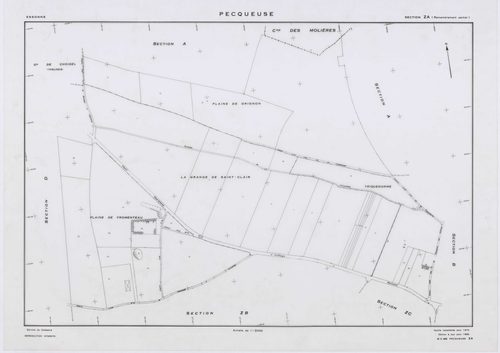PECQUEUSE, plans minutes de conservation : tableau d'assemblage,1937, Ech. 1/10000 ; plans des sections A, B, D, 1937, Ech. 1/2500, section C, 1937, Ech. 1/1250, section Z, 1959, Ech. 1/2000, sections ZA, ZB, ZC, ZD, ZE, 1975, Ech. 1/2000. Polyester. N et