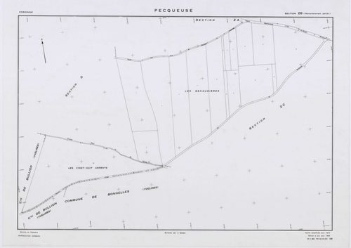 PECQUEUSE, plans minutes de conservation : tableau d'assemblage,1937, Ech. 1/10000 ; plans des sections A, B, D, 1937, Ech. 1/2500, section C, 1937, Ech. 1/1250, section Z, 1959, Ech. 1/2000, sections ZA, ZB, ZC, ZD, ZE, 1975, Ech. 1/2000. Polyester. N et