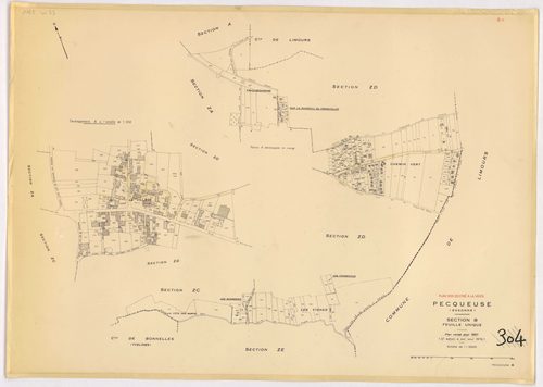 PECQUEUSE. - Cadastre révisé pour 1937, à jour pour 1975 (2 ème édition) : plans du tableau d'assemblage, des sections A, B, C, D ; plan de remembrement substitué au plan cadastral pour 1959, à jour pour 1974 (2 ème édition) : plan de la section Z ; feuil