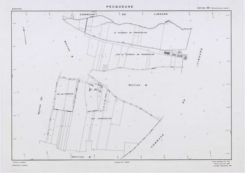 PECQUEUSE, plans minutes de conservation : tableau d'assemblage,1937, Ech. 1/10000 ; plans des sections A, B, D, 1937, Ech. 1/2500, section C, 1937, Ech. 1/1250, section Z, 1959, Ech. 1/2000, sections ZA, ZB, ZC, ZD, ZE, 1975, Ech. 1/2000. Polyester. N et