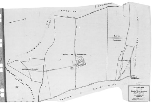 PECQUEUSE. - Cadastre révisé pour 1937 : plan du tableau d'assemblage, plans de la section A le Grignon , section B le Village, section C Villevert, section D Fromenteau, section E le Grange Saint-Clair ; cadastre renouvelé pour 1959 : plan de la section 