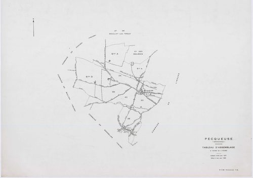 PECQUEUSE, plans minutes de conservation : tableau d'assemblage,1937, Ech. 1/10000 ; plans des sections A, B, D, 1937, Ech. 1/2500, section C, 1937, Ech. 1/1250, section Z, 1959, Ech. 1/2000, sections ZA, ZB, ZC, ZD, ZE, 1975, Ech. 1/2000. Polyester. N et