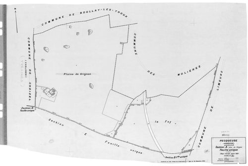 PECQUEUSE. - Cadastre révisé pour 1937 : plan du tableau d'assemblage, plans de la section A le Grignon , section B le Village, section C Villevert, section D Fromenteau, section E le Grange Saint-Clair ; cadastre renouvelé pour 1959 : plan de la section 