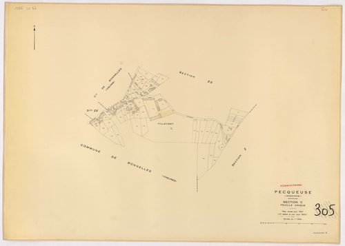 PECQUEUSE. - Cadastre révisé pour 1937, à jour pour 1975 (2 ème édition) : plans du tableau d'assemblage, des sections A, B, C, D ; plan de remembrement substitué au plan cadastral pour 1959, à jour pour 1974 (2 ème édition) : plan de la section Z ; feuil