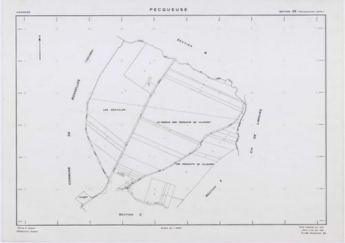 PECQUEUSE, plans minutes de conservation : tableau d'assemblage,1937, Ech. 1/10000 ; plans des sections A, B, D, 1937, Ech. 1/2500, section C, 1937, Ech. 1/1250, section Z, 1959, Ech. 1/2000, sections ZA, ZB, ZC, ZD, ZE, 1975, Ech. 1/2000. Polyester. N et