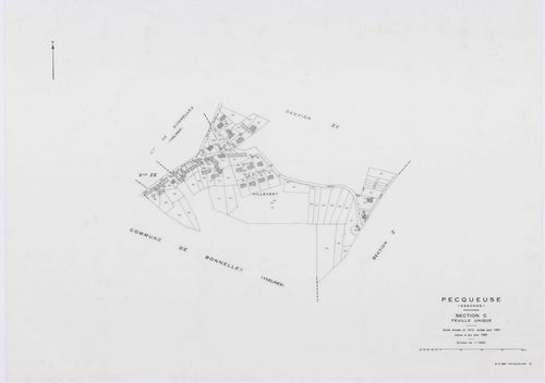 PECQUEUSE, plans minutes de conservation : tableau d'assemblage,1937, Ech. 1/10000 ; plans des sections A, B, D, 1937, Ech. 1/2500, section C, 1937, Ech. 1/1250, section Z, 1959, Ech. 1/2000, sections ZA, ZB, ZC, ZD, ZE, 1975, Ech. 1/2000. Polyester. N et