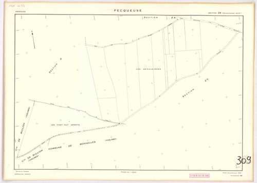 PECQUEUSE. - Cadastre révisé pour 1937, à jour pour 1975 (2 ème édition) : plans du tableau d'assemblage, des sections A, B, C, D ; plan de remembrement substitué au plan cadastral pour 1959, à jour pour 1974 (2 ème édition) : plan de la section Z ; feuil