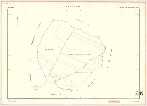 PECQUEUSE. - Cadastre révisé pour 1937, à jour pour 1975 (2 ème édition) : plans du tableau d'assemblage, des sections A, B, C, D ; plan de remembrement substitué au plan cadastral pour 1959, à jour pour 1974 (2 ème édition) : plan de la section Z ; feuil