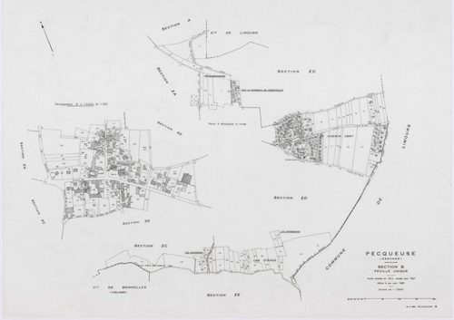 PECQUEUSE, plans minutes de conservation : tableau d'assemblage,1937, Ech. 1/10000 ; plans des sections A, B, D, 1937, Ech. 1/2500, section C, 1937, Ech. 1/1250, section Z, 1959, Ech. 1/2000, sections ZA, ZB, ZC, ZD, ZE, 1975, Ech. 1/2000. Polyester. N et