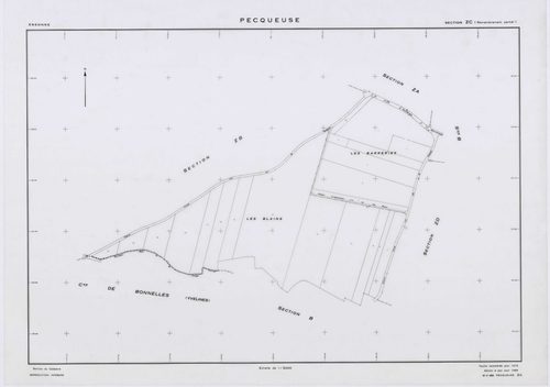 PECQUEUSE, plans minutes de conservation : tableau d'assemblage,1937, Ech. 1/10000 ; plans des sections A, B, D, 1937, Ech. 1/2500, section C, 1937, Ech. 1/1250, section Z, 1959, Ech. 1/2000, sections ZA, ZB, ZC, ZD, ZE, 1975, Ech. 1/2000. Polyester. N et