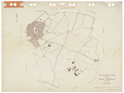 PLESSIS-PATE (LE), plans minutes de conservation : tableau d'assemblage,1935, Ech. 1/5000 ; plans des sections Bu, Cu, A1, D3, 1935, Ech. 1/2500, sections A2, D1, D2, 1935, Ech. 1/1250, sections AB, AC, AD, 1981, Ech. 1/1000, sections AK, AO, AP, 2000, Ec