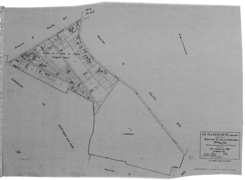 PLESSIS-PATE (LE). - Cadastre révisé pour 1935 : plans de la section A le Village 1ère feuille, idem 2ème feuille, section B la Longue Raie, section C les Bordes, section D le Pré de la Noue 1ère feuille, idem 2ème feuille, idem 3ème feuille ; cadastre ré