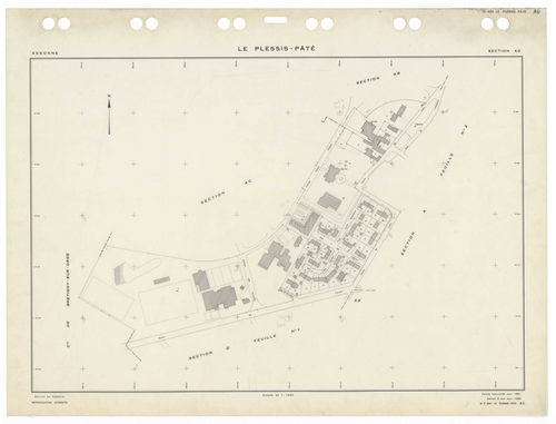 PLESSIS-PATE (LE), plans minutes de conservation : tableau d'assemblage,1935, Ech. 1/5000 ; plans des sections Bu, Cu, A1, D3, 1935, Ech. 1/2500, sections A2, D1, D2, 1935, Ech. 1/1250, sections AB, AC, AD, 1981, Ech. 1/1000, sections AK, AO, AP, 2000, Ec