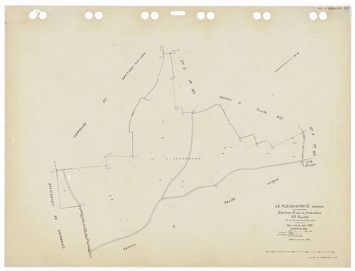 PLESSIS-PATE (LE), plans minutes de conservation : tableau d'assemblage,1935, Ech. 1/5000 ; plans des sections Bu, Cu, A1, D3, 1935, Ech. 1/2500, sections A2, D1, D2, 1935, Ech. 1/1250, sections AB, AC, AD, 1981, Ech. 1/1000, sections AK, AO, AP, 2000, Ec
