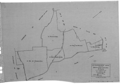 PLESSIS-PATE (LE). - Cadastre révisé pour 1935 : plans de la section A le Village 1ère feuille, idem 2ème feuille, section B la Longue Raie, section C les Bordes, section D le Pré de la Noue 1ère feuille, idem 2ème feuille, idem 3ème feuille ; cadastre ré