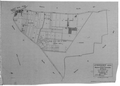PLESSIS-PATE (LE). - Cadastre révisé pour 1935 : plans de la section A le Village 1ère feuille, idem 2ème feuille, section B la Longue Raie, section C les Bordes, section D le Pré de la Noue 1ère feuille, idem 2ème feuille, idem 3ème feuille ; cadastre ré