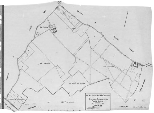 PLESSIS-PATE (LE). - Cadastre révisé pour 1935 : plans de la section A le Village 1ère feuille, idem 2ème feuille, section B la Longue Raie, section C les Bordes, section D le Pré de la Noue 1ère feuille, idem 2ème feuille, idem 3ème feuille ; cadastre ré