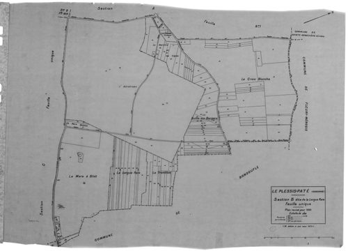 PLESSIS-PATE (LE). - Cadastre révisé pour 1935 : plans de la section A le Village 1ère feuille, idem 2ème feuille, section B la Longue Raie, section C les Bordes, section D le Pré de la Noue 1ère feuille, idem 2ème feuille, idem 3ème feuille ; cadastre ré